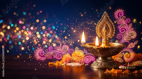 Diwali celebration with lit diya lamp and colorful decorations on a table indoors.