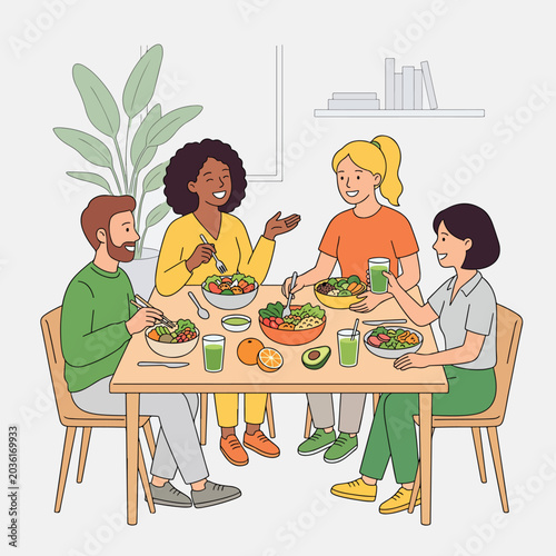 Diverse group of friends sharing healthy meal at table.