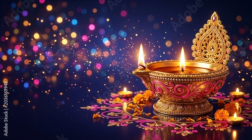 A festive Diwali celebration scene with lit diyas on a decorative plate surrounded by flowers and bokeh lights.
