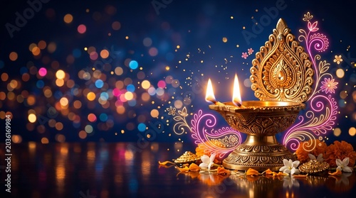 A beautifully decorated diya lamp burns brightly on a table surrounded by festive decorations and bokeh lights at night.