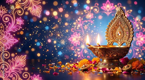Festive Diwali lamp burns brightly on a decorative table surrounded by vibrant flowers and sparkles in a dark room with beautiful patterns.