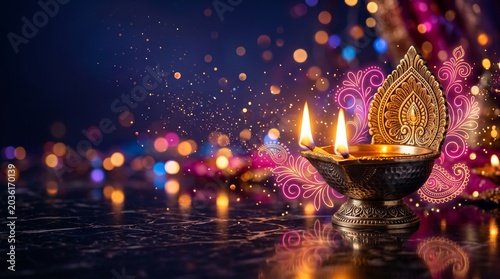 A traditional Indian diya lamp with three lit candles surrounded by colorful lights and decorations on a reflective surface at night