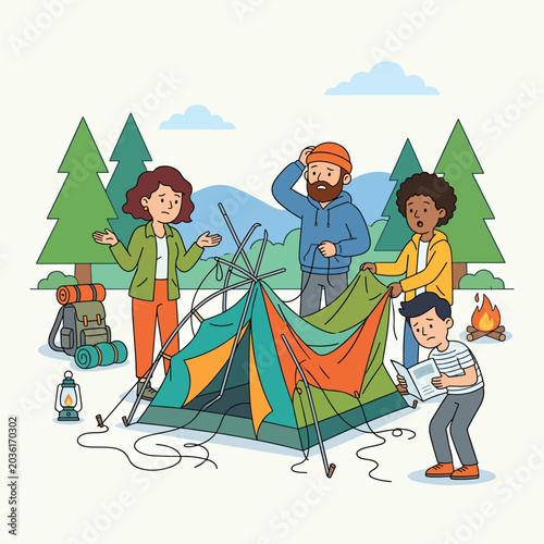 Group of friends struggling to set up camping tent.