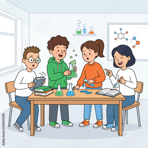 Group of curious children conducting science experiment in lab.