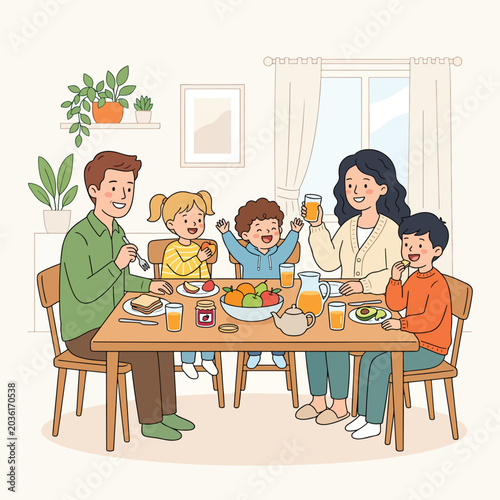 Happy family enjoying dinner together in a dining room.