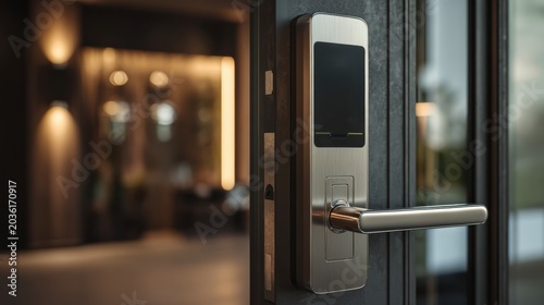 Modern digital door lock with a sleek handle on a glass entrance, showing security and access control technology.