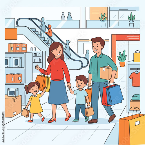 Happy family walking with bags in a shopping mall.