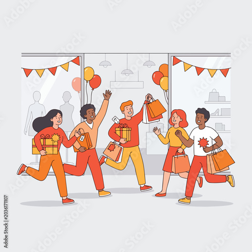 Happy shoppers running with bags during a festive sale.