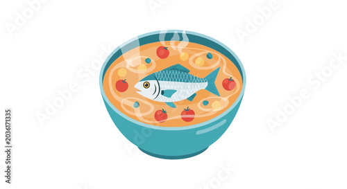 Fotografía Illustration of a Bowl of Hot Fish Soup with Vegetables