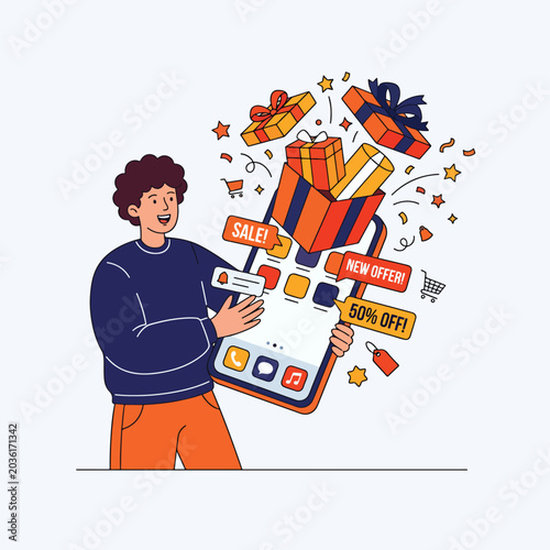 Man celebrating online shopping sale with giant smartphone and gifts.