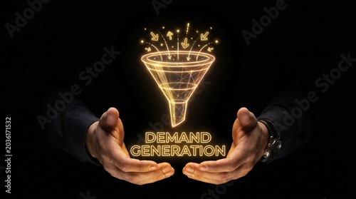 Hands Holding Glowing Demand Generation Funnel with Sparkles.