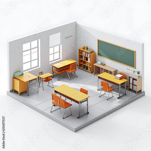 Isometric empty classroom with desks, chairs, bookshelf, and blackboard, organized learning space, ready for students