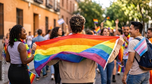 Group of diverse individuals celebrating LGBTQ Pride Parade, holding rainbow flags and wearing colorful accessories in a vibrant urban street setting