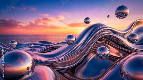Abstract 3D Chrome Waves and Spheres Reflecting Sunset Gradient Sky