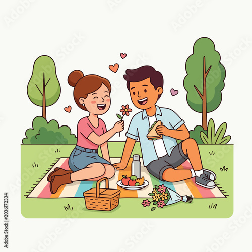 Romantic couple enjoying picnic lunch in a sunny park.