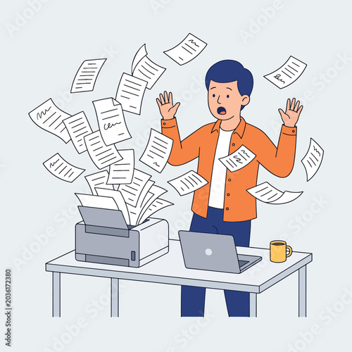 Stressed businessman overwhelmed by malfunctioning printer and flying papers.
