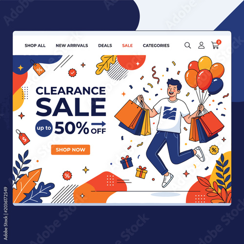 Vibrant online clearance sale banner with happy shopping man.