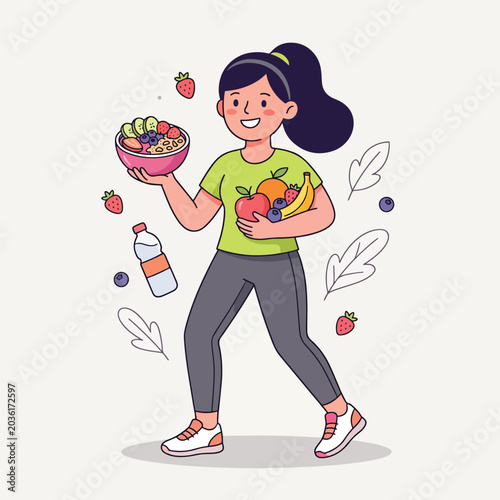 Woman carrying fresh fruit and salad for healthy lifestyle.