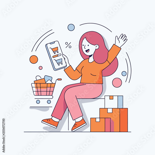 Woman shopping online while sitting on cardboard delivery boxes.