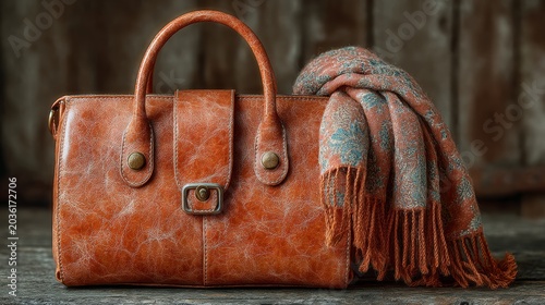 Leather handbag with patterned wool scarf on rustic wooden surface, vintage orange brown fashion accessory