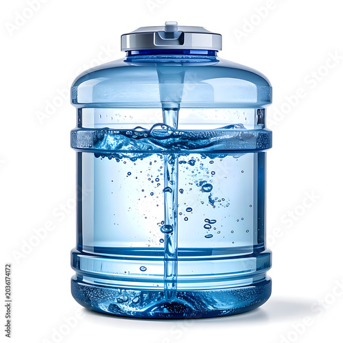 Large clear blue water cooler bottle with water being poured in, creating bubbles and splashes, clean hydration symbol
