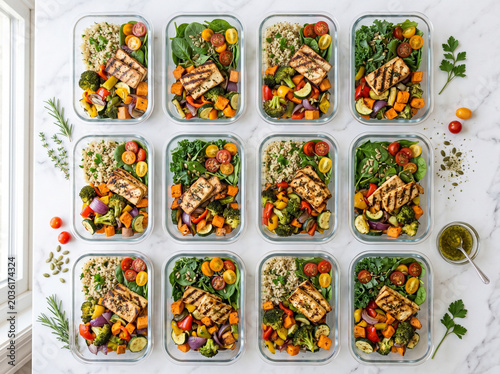 Healthy Meal Prep Overhead Flat Lay Vibrant Vegetables Glass Containers