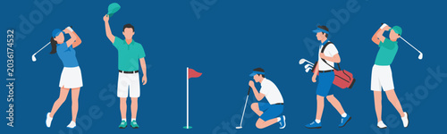 Minimalist flat vector illustration set of male and female golfers in various playing poses isolated on a dark blue background