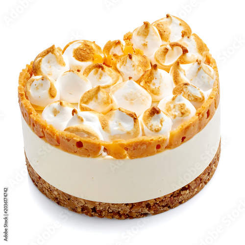 Lemon meringue tart with toasted peaks, creamy filling, and a crunchy biscuit base, perfect for dessert or bakery concepts