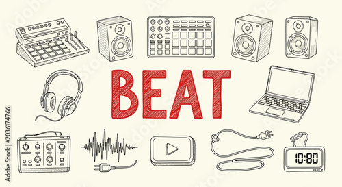 Cuadro en lienzo Hand-drawn sketch illustration of music production equipment surrounding the word BEAT, featuring drum machine, speakers, headphones, and laptop