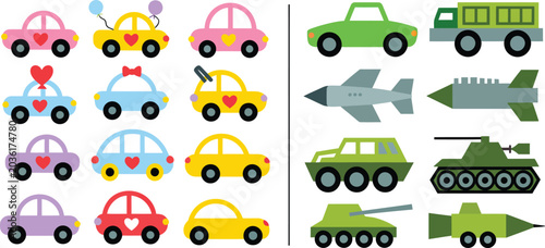 Colorful cartoon cars and military vehicles set