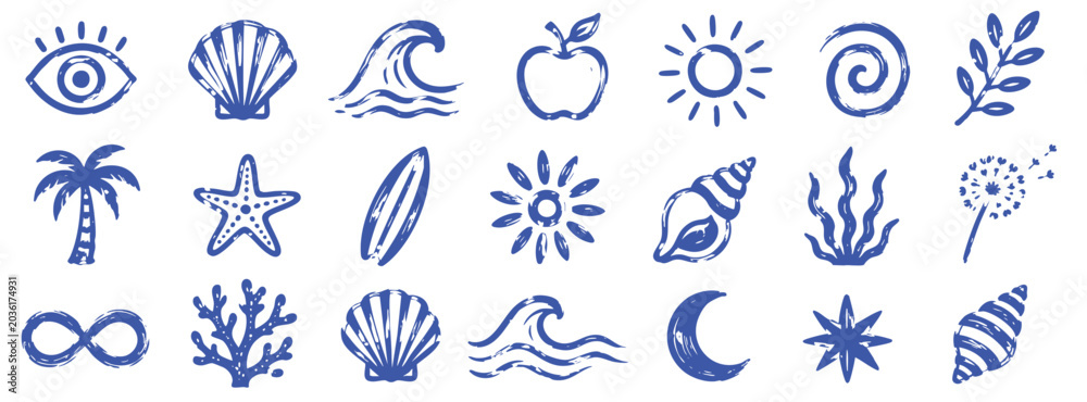 Fototapeta premium Collection of hand drawn blue summer and nature icons including shells, waves, sun, palm tree, and plants isolated on white background.