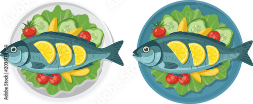 Cartoon fish with colorful fruit plate