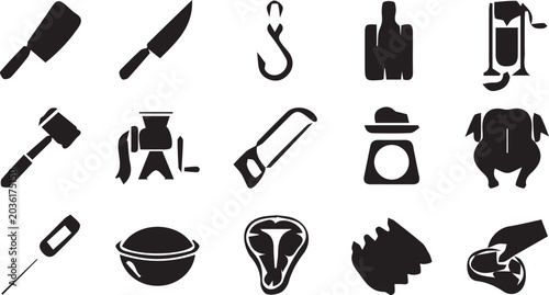 Konstfotografi Butchery cooking silhouette icon set, meat tool vector, cleaver knife design, gr