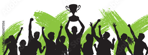 Cuadro en lienzo Silhouette of a group of diverse people cheering and celebrating with a trophy held high, isolated on white background with green brush strokes