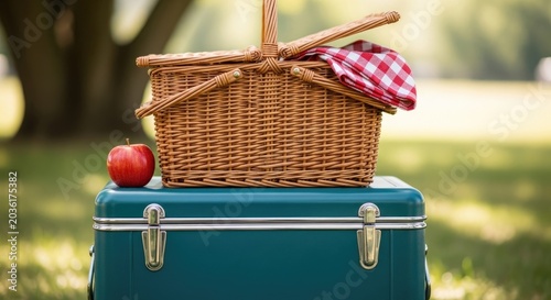 Charming Picnic Basket and Cooler Set in a Sunny Park Setting.