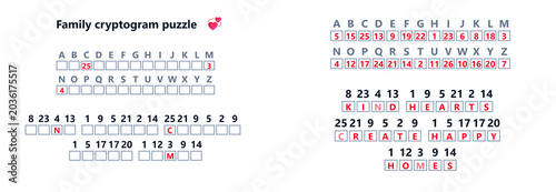 Konstfotografi Family cryptogram puzzle with letters and numbers on white background