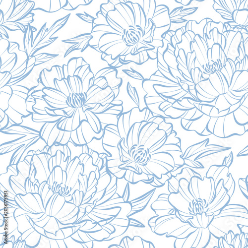 Blue floral seamless vector repeat pattern peony botanical line art flowers