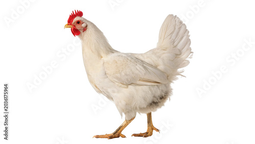 Tableau sur toile Full length profile view of a domestic white chicken hen isolated on transparent
