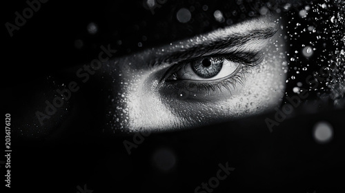Intense close-up black and white shot of woman's eye with water droplets on her skin and in background, conveying sense of drama and introspection