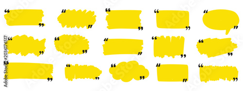 Hand drawn marker lines with quote signs set. Yellow strokes and quotes marks. Collection of colorful design elements. Speech mark symbol. Vector illustration