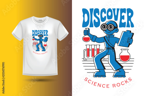 Scientist character holding flask and clipboard with test tubes and beakers, t-shirt design.