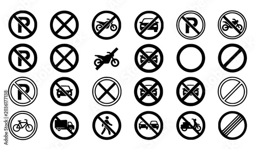 Traffic Signs and Prohibited Regulations Icon Set with No Parking Restrictions Motorcycle Forbidden Zones and Vehicle Entry Warning Symbols