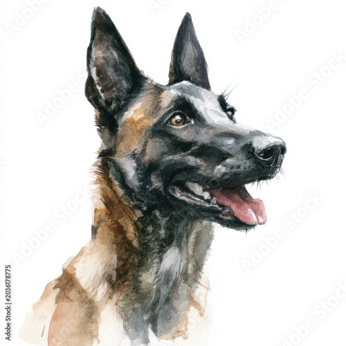 Belgian Malinois Dog Portrait Watercolor Style Detailed Fur Texture Expressive Eyes