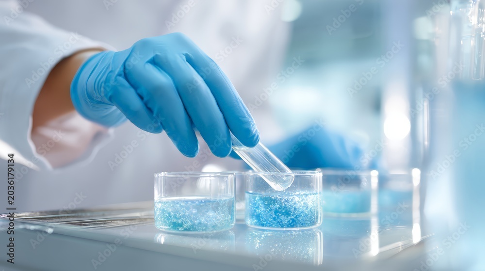 Fototapeta premium Gloved technician transferring liquid between test tubes with blue samples for clinical lab research and diagnostics banner