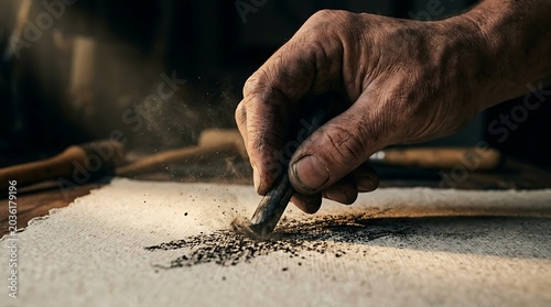 Artist hand sketching with charcoal on textured paper in a studio