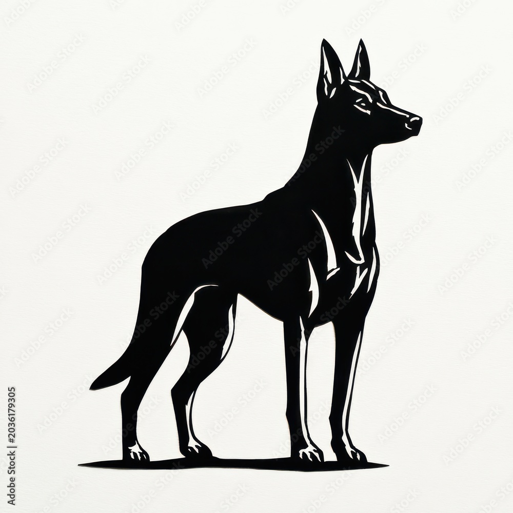 Fototapeta premium Black Silhouette of a Standing Doberman Dog with Alert Ears on a White Background