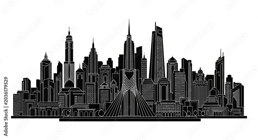 Obraz premium Tehran Skyline Silhouette with Azadi Tower, Iranian Urban Vector Art