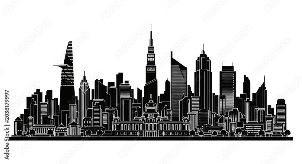 Obraz premium Black and white city skyline silhouette isolated on white background