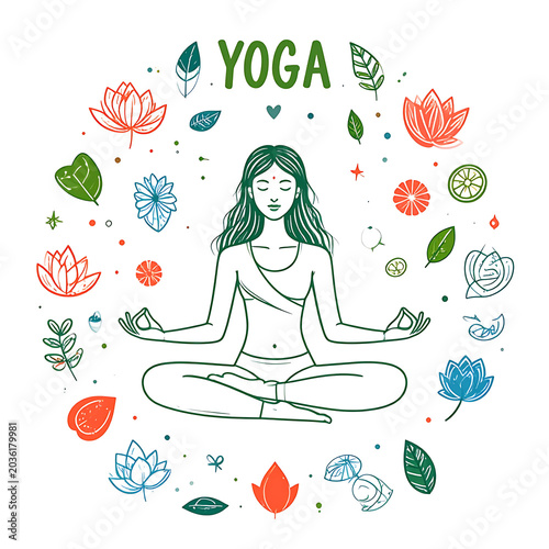 Meditating woman in lotus pose surrounded by colorful flowers and leaves, calm and peaceful yoga illustration