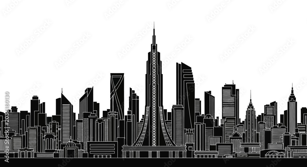 Obraz premium Modern city skyline silhouette with central tower, urban architecture